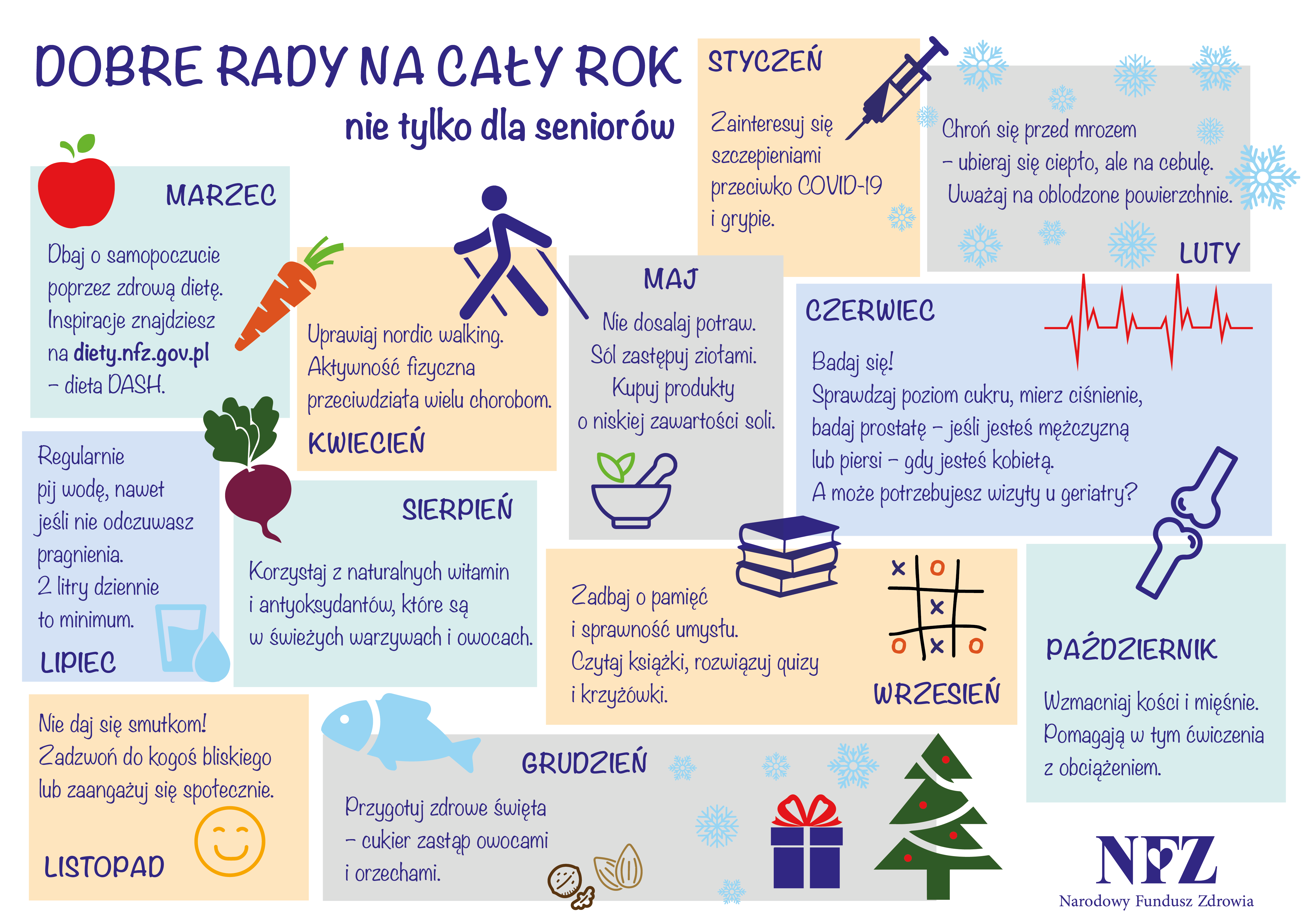 Kalendarz - dobre rady na cały rok. Nie tylko dla seniorów. STYCZEŃ - Zainteresuj się szczepieniami przeciwko COVID-19 i grypie. LUTY - Chroń się przed mrozem – ubieraj się ciepło, ale na cebulę. Uważaj na oblodzone powierzchnie. MARZEC - Dbaj o samopoczucie poprzez zdrową dietę. Inspiracje znajdziesz na diety.nfz.gov.pl – dieta DASH. KWIECIEŃ - Uprawiaj nordic walking. Aktywność fizyczna przeciwdziała wielu chorobom. MAJ - Nie dosalaj potraw. Sól zastępuj ziołami. Kupuj produkty o niskiej zawartości soli. CZERWIEC - Badaj się! Sprawdzaj poziom cukru, mierz ciśnienie, badaj prostatę – jeśli jesteś mężczyzną lub piersi – gdy jesteś kobietą. A może potrzebujesz wizyty u geriatry? LIPIEC - Regularnie pij wodę, nawet jeśli nie odczuwasz pragnienia. 2 litry dziennie to minimum. SIERPIEŃ - Korzystaj z naturalnych witamin i antyoksydantów, które są w świeżych warzywach i owocach. WRZESIEŃ - Zadbaj o pamięć i sprawność umysłu. Czytaj książki, rozwiązuj quizy i krzyżówki. PPAŹDZIERNIK - Wzmacniaj kości i mięśnie. Pomagają w tym ćwiczenia z obciążeniem. LISTOPAD - Nie daj się smutkom! Zadzwoń do kogoś bliskiego lub zaangażuj się społecznie. GRUDZIEŃ - Przygotuj zdrowe święta – cukier zastąp owocami i orzechami. 